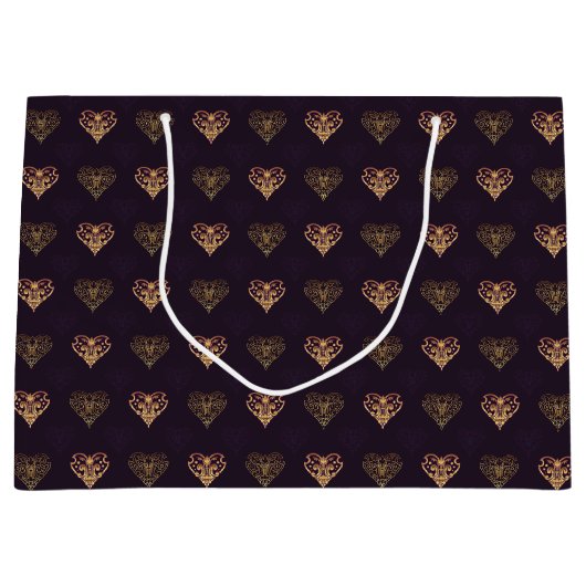 パープル&ゴールデン装飾ハート パターン(の模様が)ある ラージペーパーバッグ (正面)