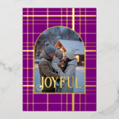 パープル&ゴールドのギンガムチェックのクリスマスホリデー写真 箔シーズンカード (正面)