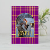 パープル&ゴールドのギンガムチェックのクリスマスホリデー写真 箔シーズンカード (立ち正面)