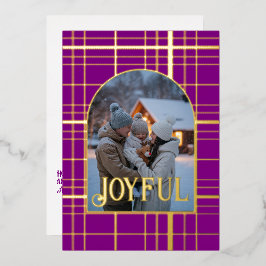 パープル＆ゴールドのギンガムチェックのクリスマスホリデー写真 箔シーズンカード