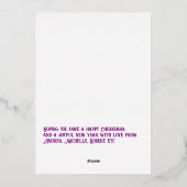 パープル&ゴールドのギンガムチェックのクリスマスホリデー写真 箔シーズンカード (裏面)