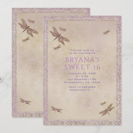 パープル＆ゴールドのトンボの招待状 招待状 (正面/裏面)