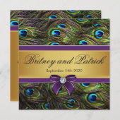 パープル＆ゴールドの孔雀の羽のウェディング招待状 招待状 (正面/裏面)