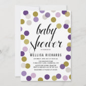 パープル＆ゴールドの水玉模様のコンフェッティベイビーシャワー 招待状 (正面)