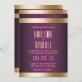 パープル&ゴールドストライプフォイルモダンズ結婚ズ 招待状 (正面/裏面)