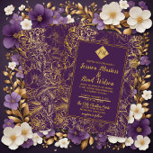 パープル |ゴールドフォイルルックヴィンテージ結婚フローラ 招待状