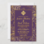 パープル |ゴールドフォイルルックヴィンテージ結婚フローラ 招待状 (正面)