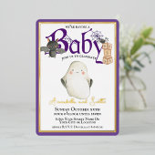 パープル&ゴールドフォイル付き可愛いハロウィーンのベビーシャワー 箔招待状 (立ち正面)