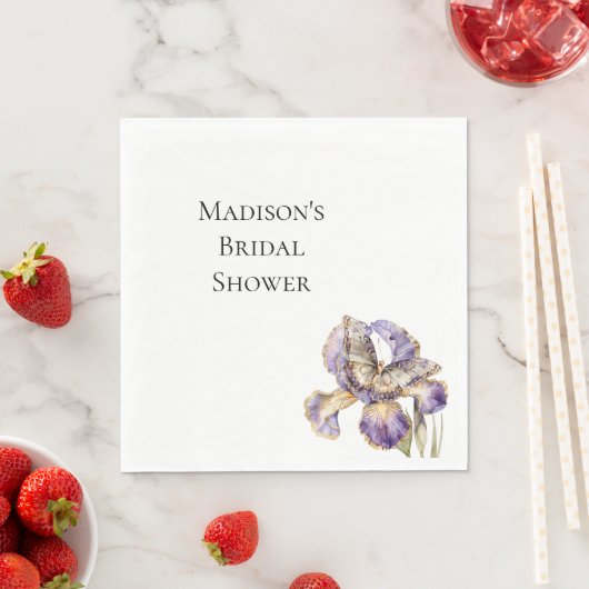 パープル ゴールド アイリス フラワーバタフライ ブライダルシャワー スタンダードランチョンナプキン (インサイチュ)