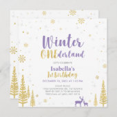 パープル＆ゴールド ウィンターオンデルランド 1歳 誕生日 招待状 (正面/裏面)