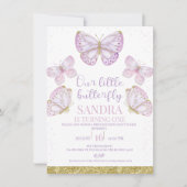 パープル ゴールド バタフライ ガールズ 1歳の誕生日招待状 招待状 (正面)
