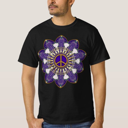 パープル&ゴールド ピースサインマンダラ Tシャツ (正面)