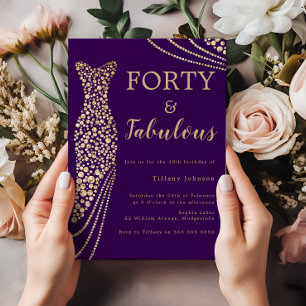 パープル＆ゴールド フォーティ＆ファブ 40歳の誕生日 招待状