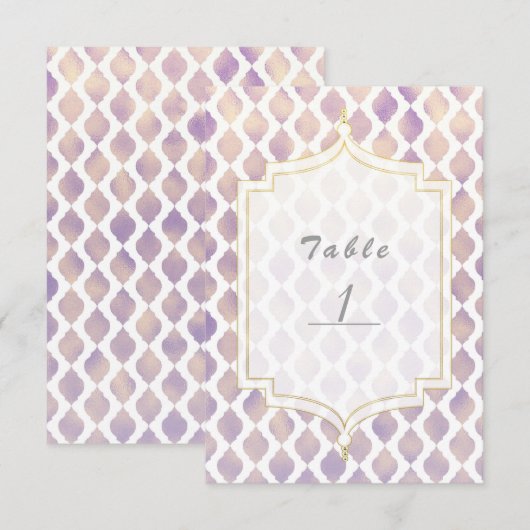 パープル ゴールド & ホワイト モロッカン モダン テーブル ナンバー 招待状 (正面/裏面)