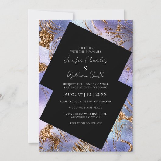 パープル ゴールド マーブル モダン 招待状 (正面)