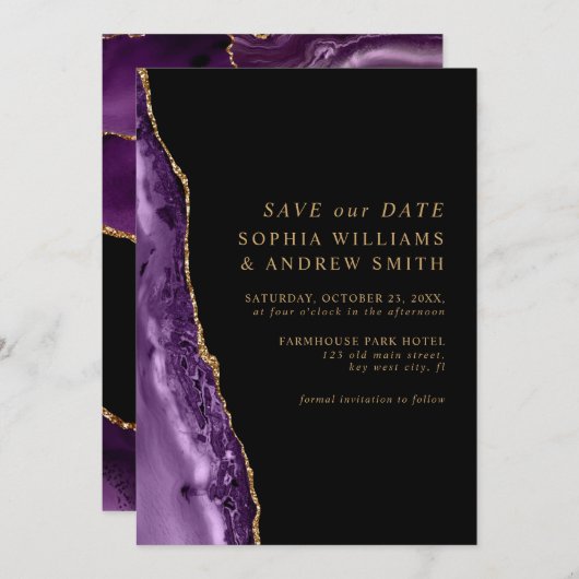 パープル＆ゴールド 保存日付のお知らせ 招待状 (正面/裏面)
