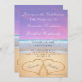 パープル サブセット ビーチ ウェディング 2 ハーツ サンド 招待状 (正面/裏面)