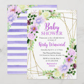 パープル サマー フラワーズとゴールド フレーム ベビー シャワー 招待状 (正面/裏面)