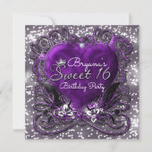 パープル＆シルバーのハートスパークルスイート16招待状 招待状 (正面)