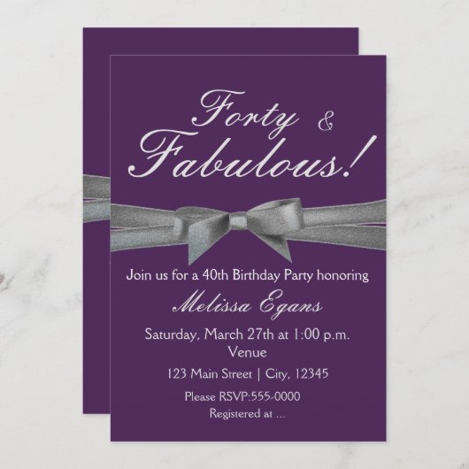 パープル&シルバーのリボンパーティーイベント招待状 招待状 (正面/裏面)