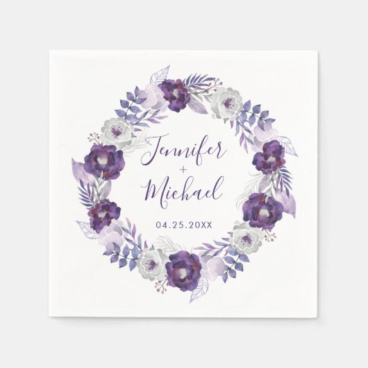 パープル&シルバーウォーターカラーフローラリース スタンダードカクテルナプキン (正面)