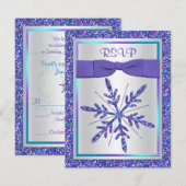 パープル、シルバーグリッターの雪の結晶 出欠確認カード 出欠カード (正面/裏面)