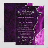 パープル&シルバーグリッターアゲートと結婚大理石 招待状 (正面/裏面)