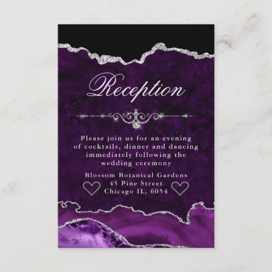 パープル&シルバーグリッターアゲートウェディングレセプション エンクロージャーカード (正面)