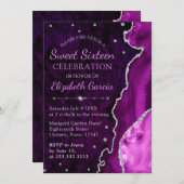 パープル&シルバーグリッターアゲートマーブルスウィート16 招待状 (正面/裏面)