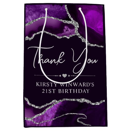 パープル&シルバーグリッターアゲート誕生日パーティー ミディアムペーパーバッグ (正面)