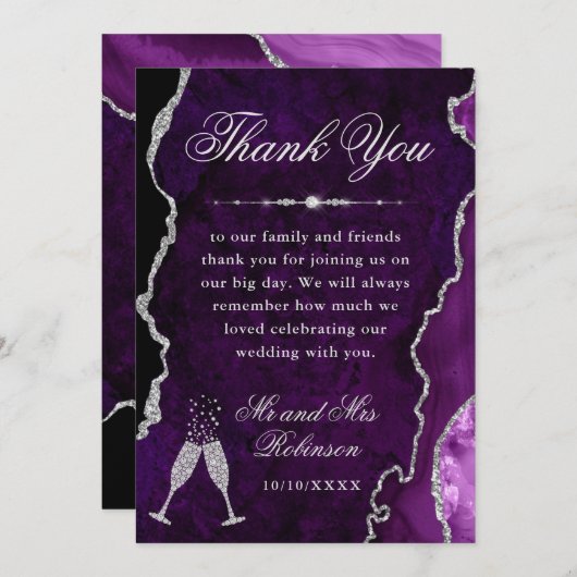 パープル&シルバーグリッターアゲート&マーブル結婚ズ サンキューカード (正面/裏面)