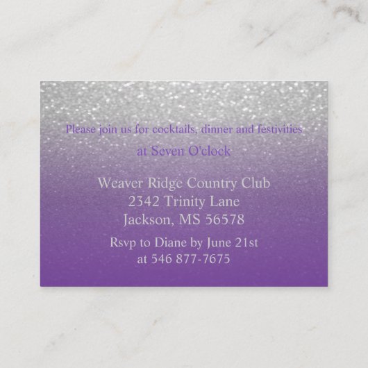 パープル&シルバーグリッターウェディングレセプション エンクロージャーカード (裏面)