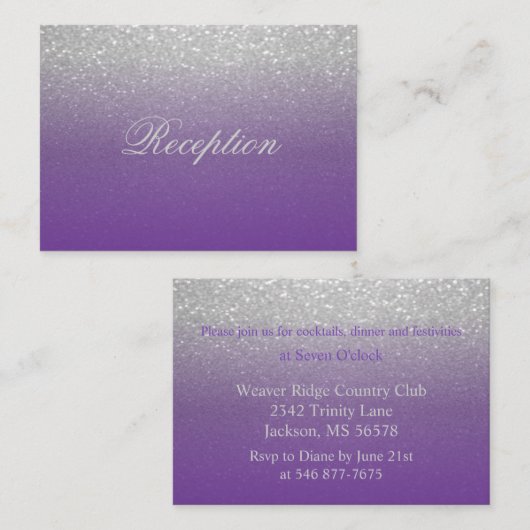 パープル&シルバーグリッターウェディングレセプション エンクロージャーカード (正面/裏面)