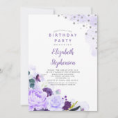 パープル&シルバーグリッターフローラ誕生日パーティー 招待状 (正面)