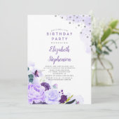 パープル&シルバーグリッターフローラ誕生日パーティー 招待状 (スタンド正面)