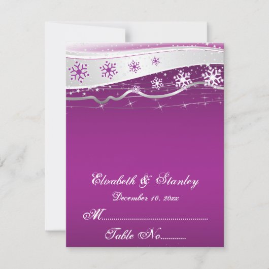 パープル、シルバーグレー スノーフレーク ウェディング プレイスクカード 招待状 (正面)