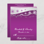 パープル、シルバーグレー、雪の結晶のウェディングプレイスカード 招待状 (正面/裏面)
