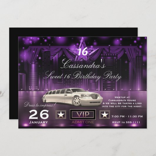 パープル&シルバーシティライトリモバースデーパーティー 招待状 (正面/裏面)