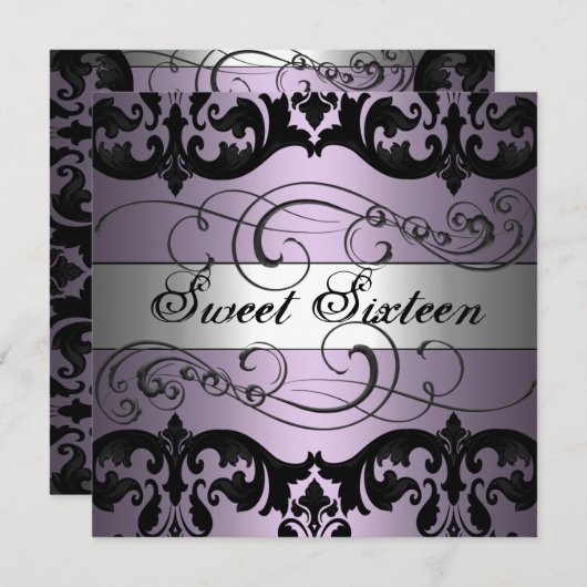 パープル/シルバーダマスクスウィート16誕生日招待状 招待状 (正面/裏面)