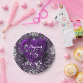 パープル&シルバーハートスパークルスウィート16パーティー ペーパープレート (パーティー)