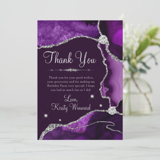 パープル&シルバーフェイクグリッターアゲート誕生日 サンキューカード (スタンド正面)