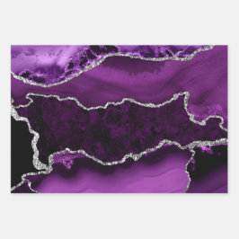 パープル&シルバーフェイクグリッター大理石アゲート ラッピングペーパーシート