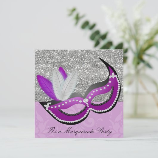 パープル&シルバーマスカレードパーティーベネチアンマスク 招待状 (スタンド正面)