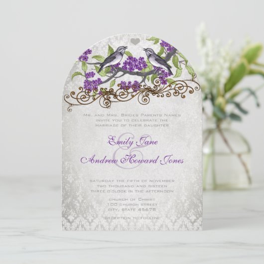 パープル&シルバーヴィンテージバードダマスクウェディング招待状 招待状 (スタンド正面)