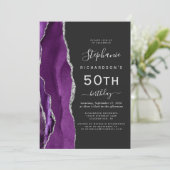 パープル シルバー アゲート ダーク 50歳の誕生日パーティー 招待状 (スタンド正面)