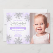 パープル シルバー ウィンター ワンダーランド 1歳誕生日写真 招待状 (正面)