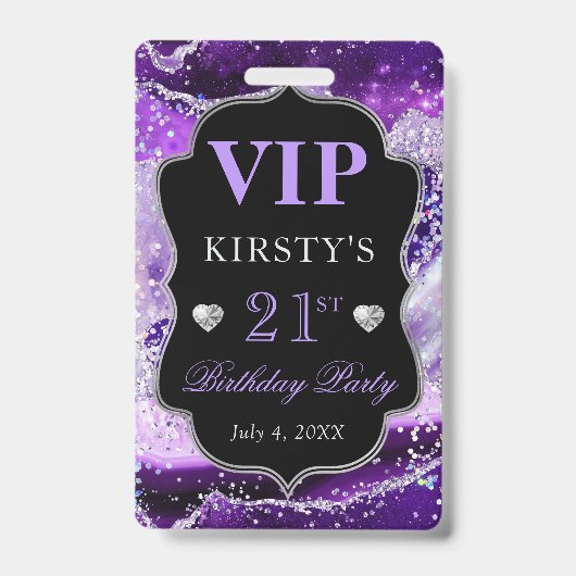 パープル&シルバー グリッター アゲート 誕生日VIP バッジ (正面)