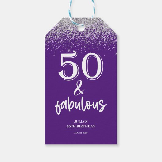 パープル シルバー グリッター 50歳の誕生日 ギフトタグ (正面)