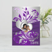 パープル シルバー スクロール ハート フォト ウェディング インビテーション (スタンド正面)