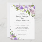 パープル シルバー スパークル フラワー ウェディング 招待状 (正面)